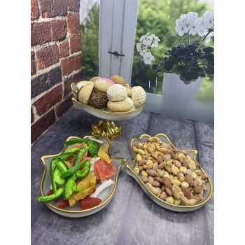 Fatma Ana Eli 3 Parça Gold Detaylı Cam Sunum Set 1 Metal Gold Ayaklı 2 Düz Sunumluk