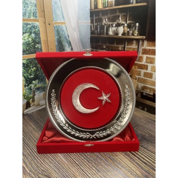 Kadife Özel Hediye Kutulu Gümüş Yuvarlak Tabakta Filografi Ay Yıldız Obje 25 cm
