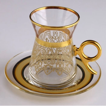 Paşabahçe İlayda Krem-Altın Dekor Kulplu Çay Seti 12 Parça 6 Kişilik