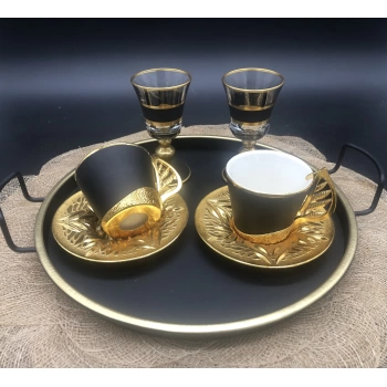 You&Me Metal Tepsili Siyah Porselen Zamak Gold Türk Kahvesi Fincanı 7 Parça 2 Kişilik