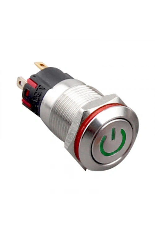 12A-P1Z-C 12mm Düz Anahtarlı Işıklı Power Metal Buton - Yeşil