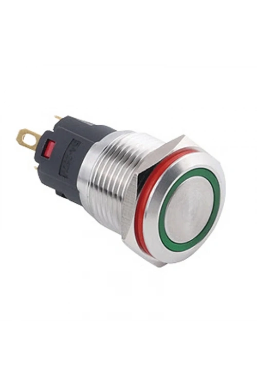 16A-P1Z-E 16mm Düz Anahtarlı Işıklı Metal Buton - Yeşil