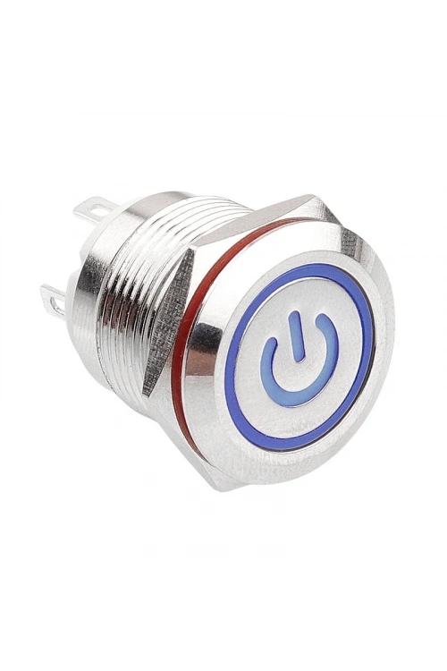 19H-P1-EC 19mm Düz Yaylı Işıklı Power Metal Buton - Mavi