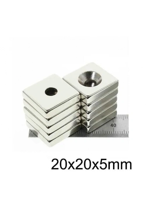 20X20x5-5mm Havşa Delikli Neodyum Güçlü Mıknatıs - Neodim Magnet