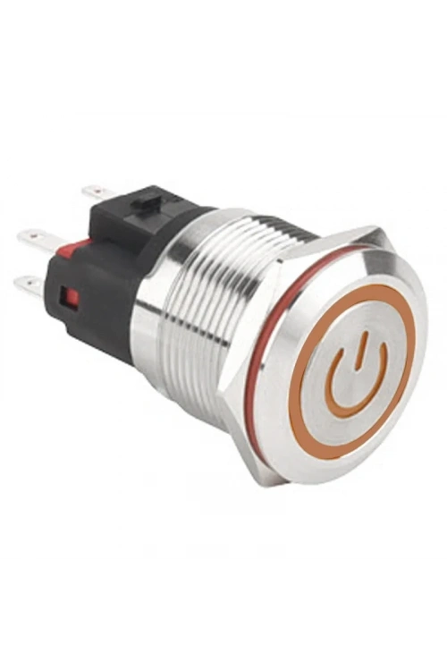 22E-P1-EC 22mm Düz Yaylı Işıklı Power Metal Buton - Sarı