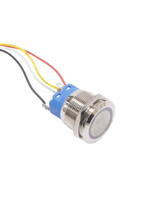 22mm Düz Yaylı Mavi Işıklı Metal Buton - Kablolu
