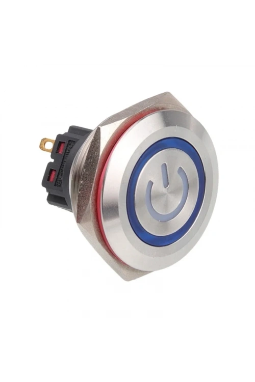 28B-P1-EC 28mm Düz Yaylı Işıklı Power Metal Buton - Mavi