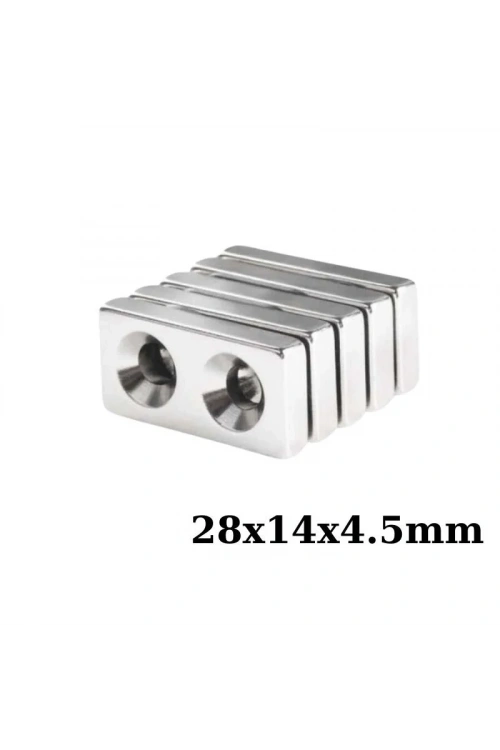 28x14x4.5-5mm Çift Havşa Delikli Neodyum Güçlü Mıknatıs - Neodim Magnet