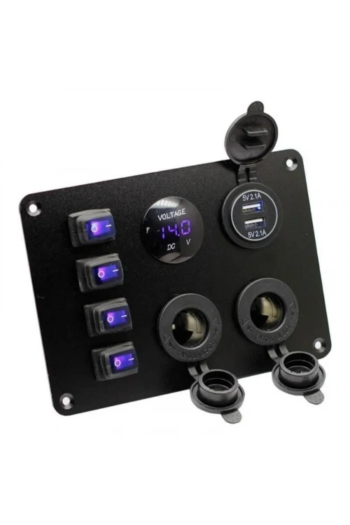 4lü ON-OFF Mavi Su Geçirmez Işıklı Switch Panel 2x5V USB 2xDişi Çakmaklık ve Voltaj Göstergeli
