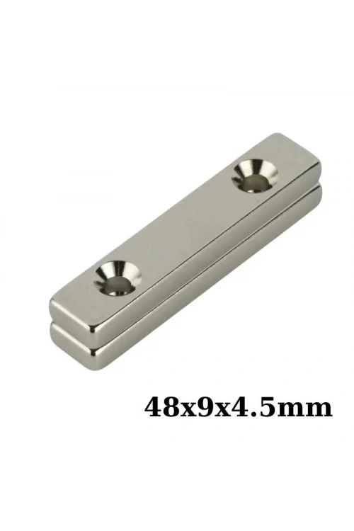48X9x4.5-5mm Çift Havşa Delikli Neodyum Güçlü Mıknatıs - Neodim Magnet
