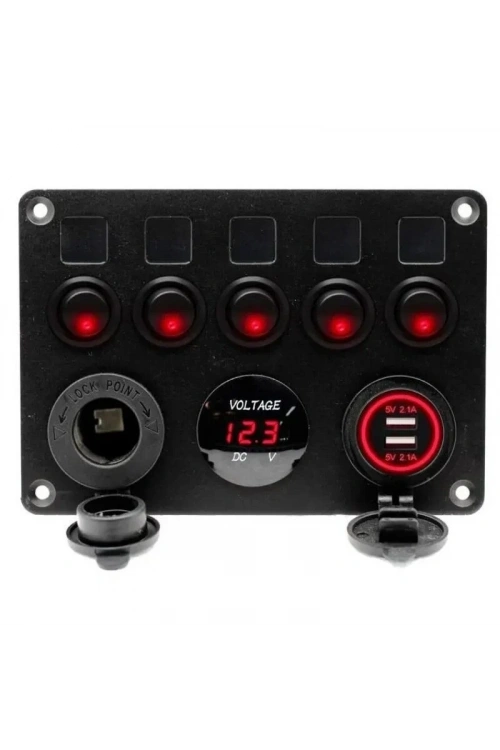 5li ON-OFF Kırmızı Nokta Işıklı Anahtar Switch Panel 2x5V USB Çakmaklık ve Voltaj Göstergeli