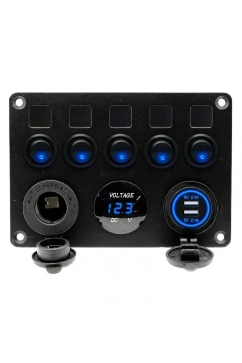 5li ON-OFF Mavi Nokta Işıklı Anahtar Switch Panel 2x5V USB Çakmaklık ve Voltaj Göstergeli