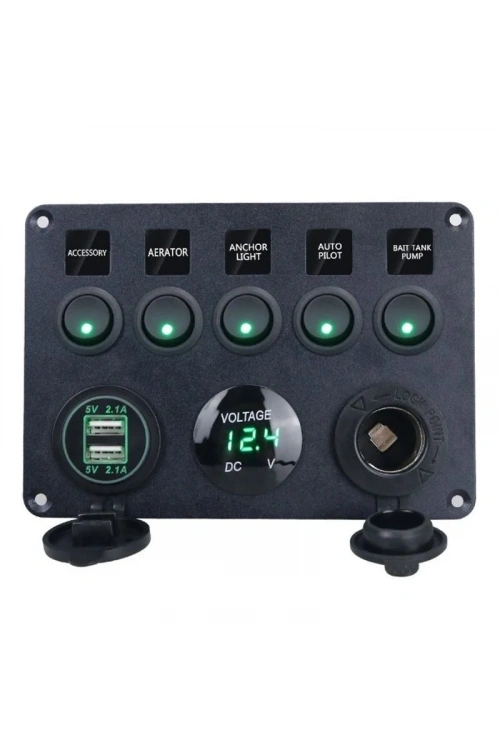 5li ON-OFF Yeşil Nokta Işıklı Anahtar Switch Panel 2x5V USB Çakmaklık ve Voltaj Göstergeli