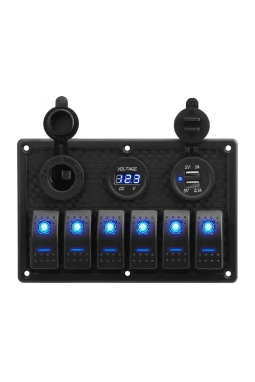 6lı ON-OFF Işıklı Anahtar Switch Panel 2x5V USB Çakmaklık ve Voltaj Göstergeli