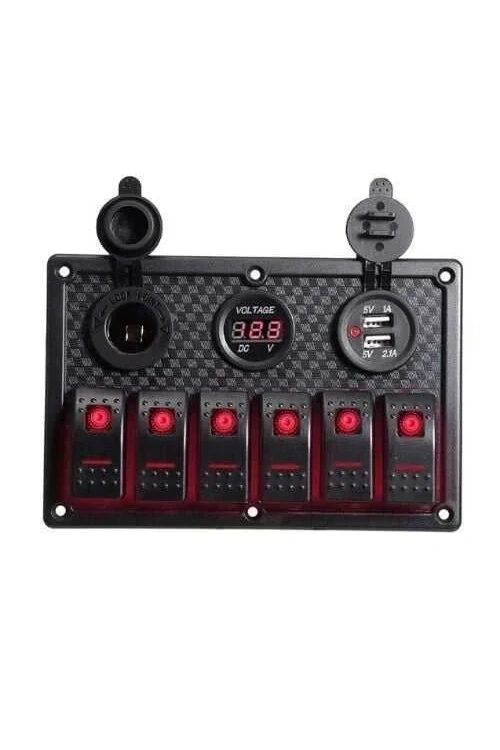 6lı ON-OFF Kırmızı Işıklı Anahtar Switch Panel 2x5V USB Çakmaklık ve Voltaj Göstergeli