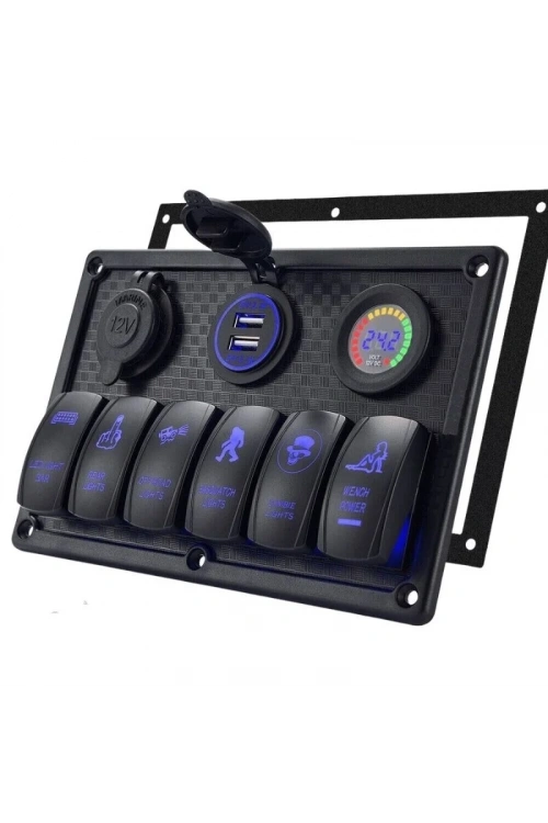 6lı ON-OFF Mavi Işıklı Anahtar Switch Panel 2x5V USB Çakmaklık ve Voltaj Göstergeli