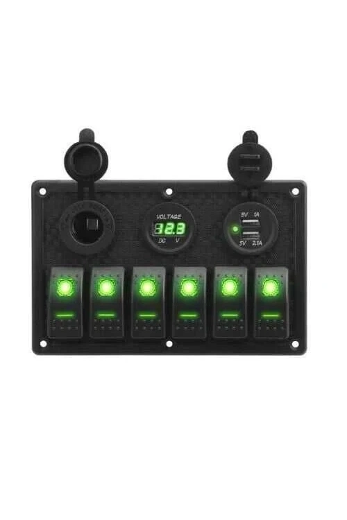 6lı ON-OFF Yeşil Işıklı Anahtar Switch Panel 2x5V USB Çakmaklık ve Voltaj Göstergeli