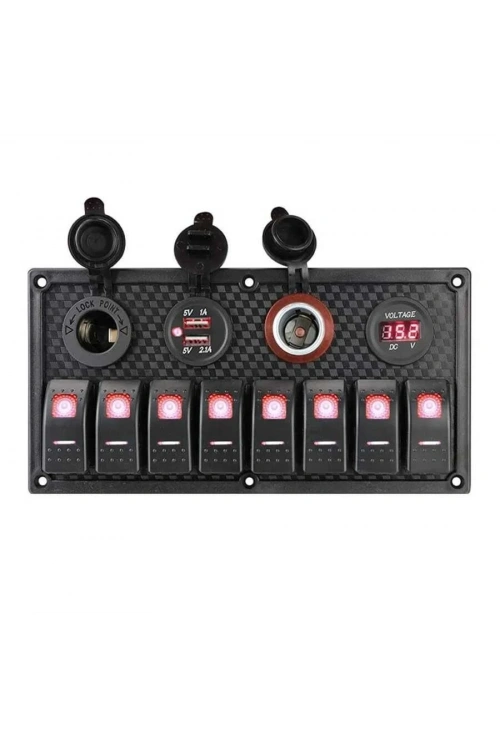 8li ON-OFF Kırmızı Işıklı Anahtar Panel 2x5V USB 2xÇakmaklık ve Voltaj Göstergeli