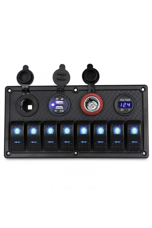 8li ON-OFF Mavi Işıklı Anahtar Panel 2x5V USB 2xÇakmaklık ve Voltaj Göstergeli