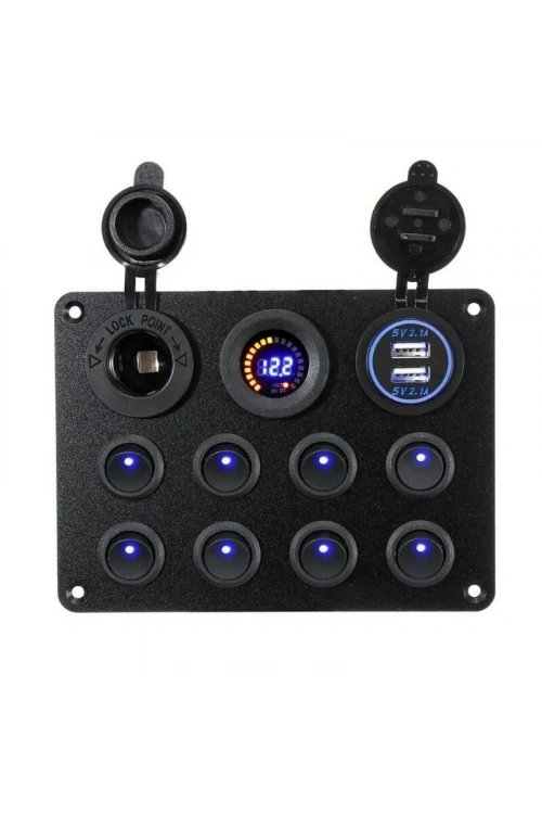 8li ON-OFF Mavi Nokta Işıklı Anahtar Switch Panel 2x5V USB Çakmaklık ve Voltaj Göstergeli