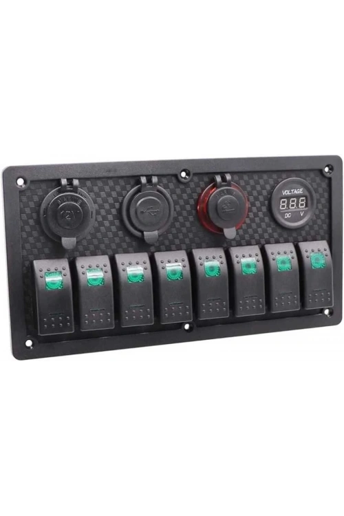 8li ON-OFF Yeşil Işıklı Anahtar Panel 2x5V USB 2xÇakmaklık ve Voltaj Göstergeli