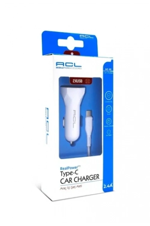 ACL AC-91 2.4A 10W 2xUSB 1mt Type-C Kablolu Araç İçi Şarj Aleti