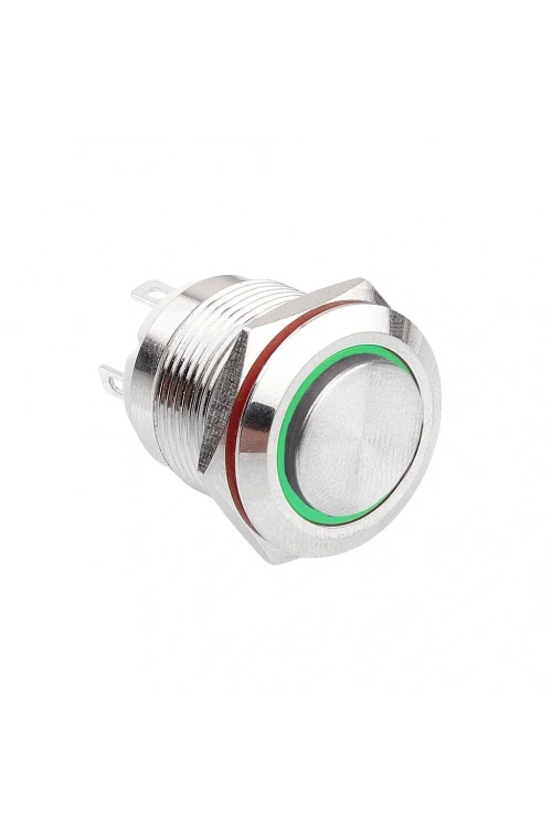 D35 16mm Metal Yeşil Halka Ledli Yaylı Buton 12V
