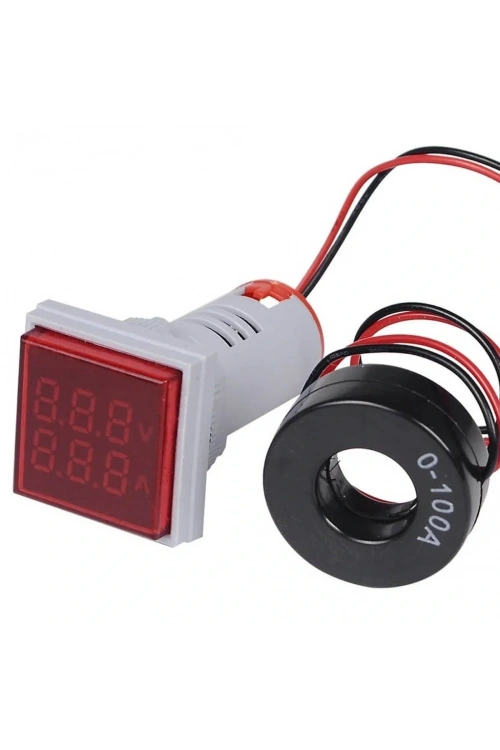 Dijital Voltmetre Ampermetre 20-500VAC 0-100A Kare Kırmızı