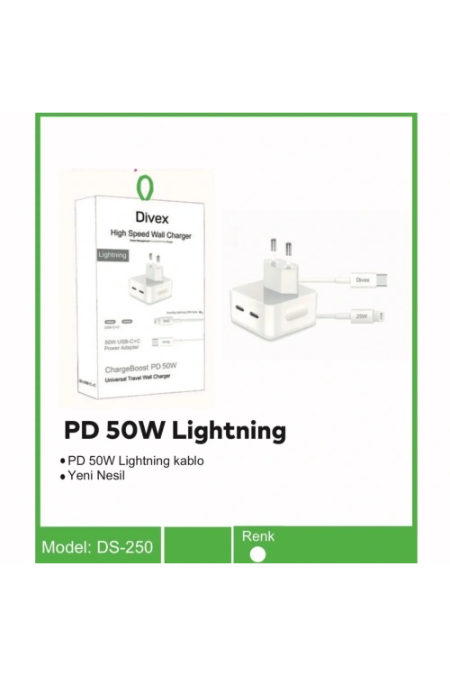 Divex 50W 2X Type-C Girişli 25W Kablolu Lightning Şarj Aleti DS-250