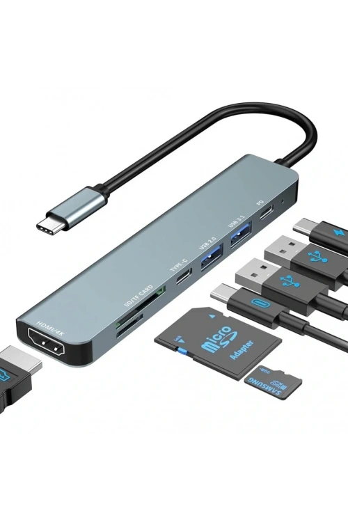 Divex 7 in 1 Type-C Girişli 7 Farklı Çıkışlı USB Çoklayıcı Splitter DX-06