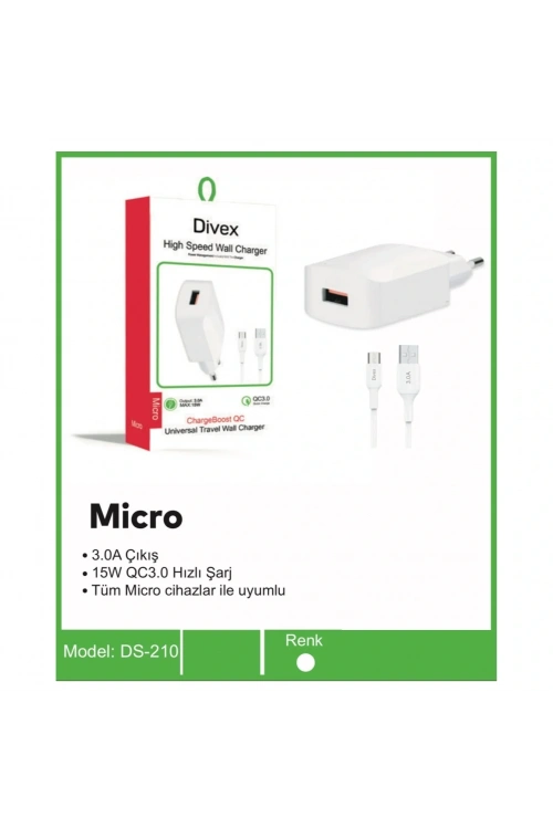 Divex QC3.0 Micro USB 3.0A 15W Hızlı Şarj Aleti DS-210