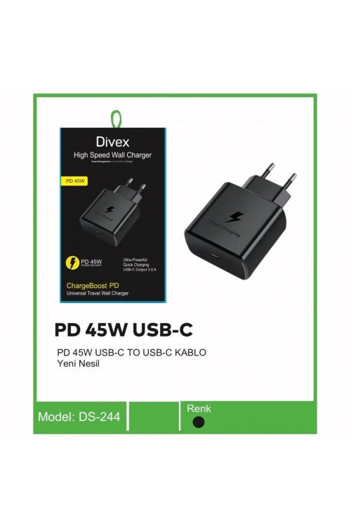 Divex PD 45W Type-C ( USB-C ) Yeni Nesil Şarj Adaptörü DS-244
