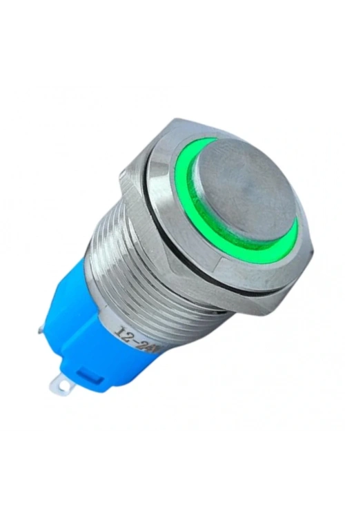 E20 16mm Metal Buton Kalıcılı 12-24V Yeşil Led 1No/1NC 