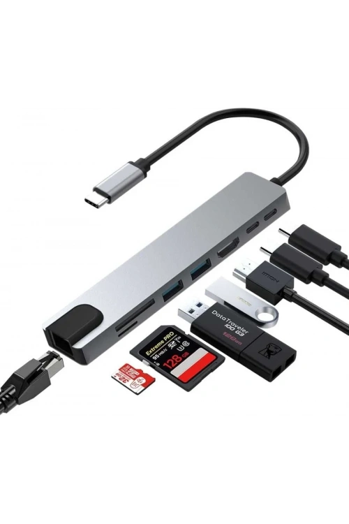 MacBook Pro Air Uyumlu Yüksek Hızlı 8 In 1 Hub (USB/HDMI/TF SD/SD/PD/ETHERNET) Dönüştürücü Çevirici Çoklayıcı