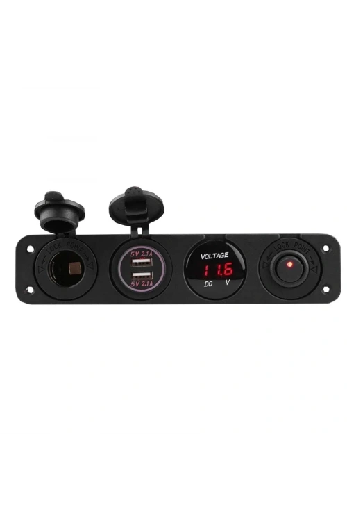 ON-OFF Kırmızı Nokta Anahtarlı 2x5V USB Çakmaklık ve Voltaj Göstergeli Marine Panel