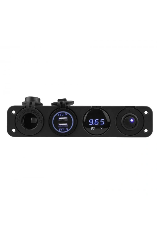 ON-OFF Mavi Nokta Anahtarlı 2x5V USB Çakmaklık ve Voltaj Göstergeli Marine Panel