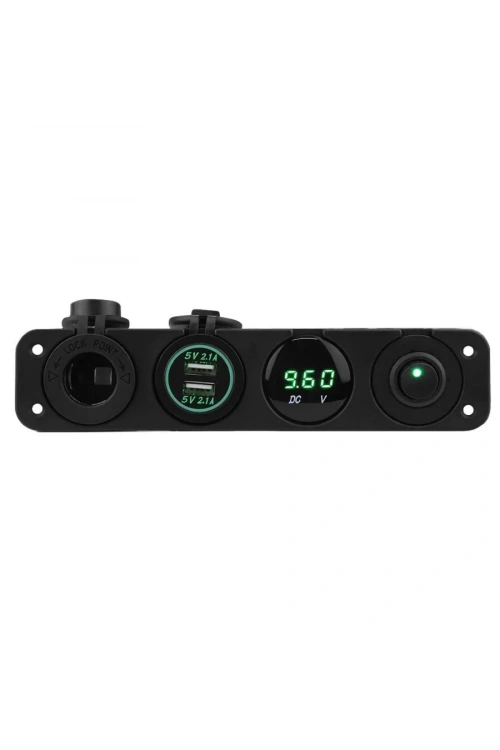 ON-OFF Yeşil Nokta Anahtarlı 2x5V USB Çakmaklık ve Voltaj Göstergeli Marine Panel