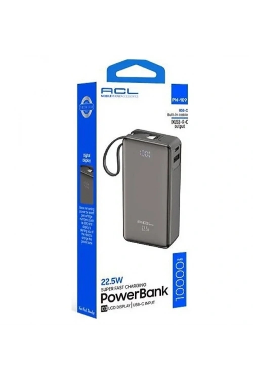 PW-109 22.5W Hızlı Şarjlı 10.000mAh Dahili USB-C Kablolu Powerbank