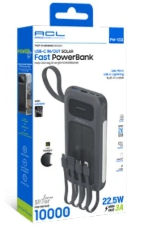 PW-133 Solar Panelli Dahili Kablolu 22.5W Hızlı Şarjlı Powerbank 10.000mAh