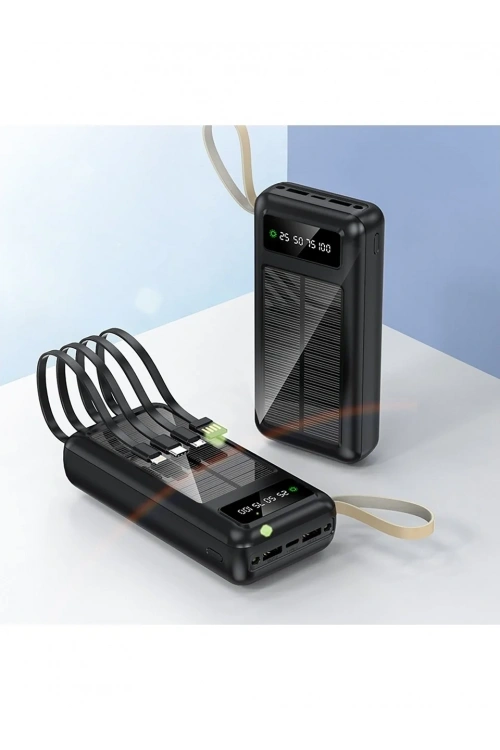 PW-61 Solar Panelli LCD Göstergeli Dahili Kablolu Powerbank 30.000mAh
