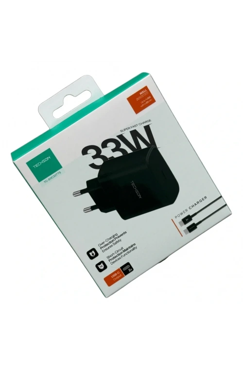 TECHSON 33W Type-C Adaptör + Kablo Şarj Cihazı Siyah S11C33TTS