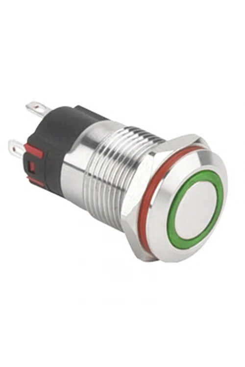 WD12A-P1-E 12mm Düz Yaylı Işıklı Metal Buton - Yeşil