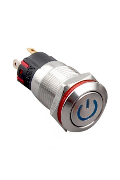 WD12A-P1Z-C 12mm Düz Anahtarlı Işıklı Power Metal Buton - Mavi