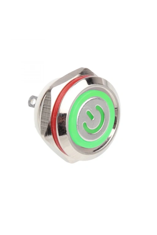 WD12C1-Pin-P1-EC 12mm Düz Yaylı Işıklı Metal Buton - Yeşil