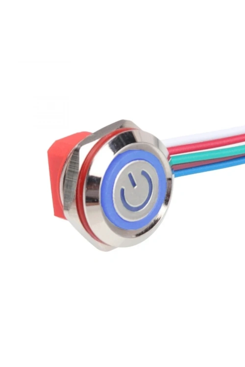 WD12C1-Wired-P1-EC 12mm Düz Yaylı Mavi Işıklı Metal Buton - Kablolu