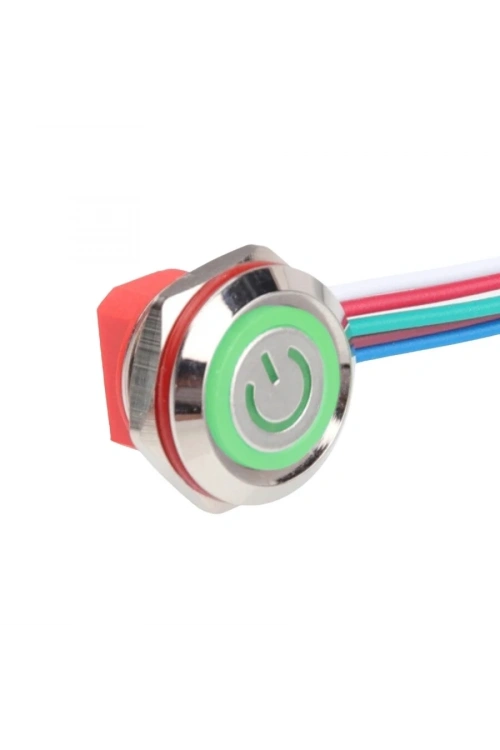 WD12C1-Wired-P1-EC 12mm Düz Yaylı Yeşil Işıklı Metal Buton - Kablolu