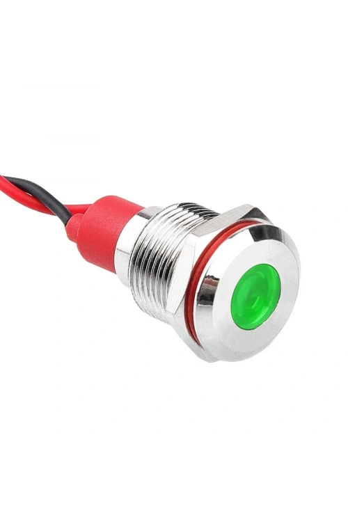 WD12L-P2 12mm 12-24V Kablolu Metal Sinyal Lambası - Yeşil