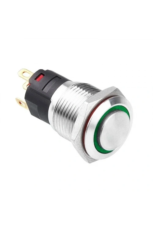 WD16A-G1-E 16mm Çıkık Yaylı Işıklı Metal Buton - Yeşil