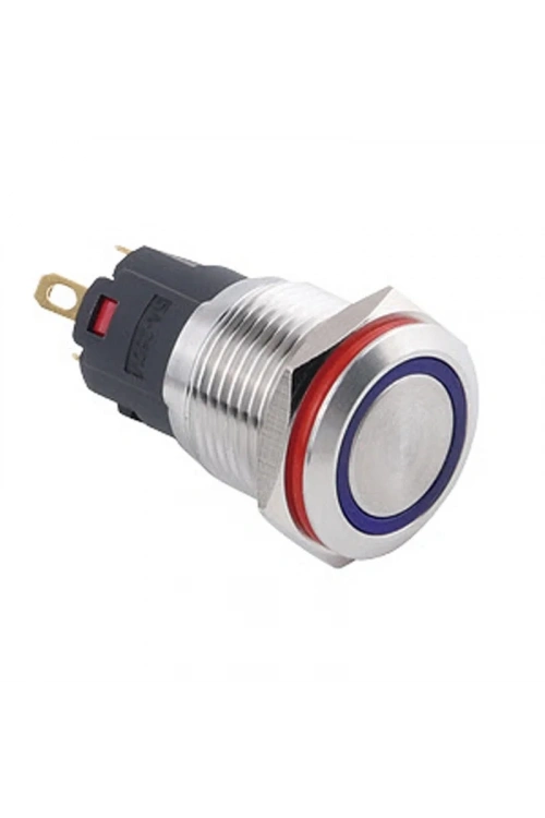 WD16A-P1-E 16mm Düz Yaylı Işıklı Metal Buton - Mavi