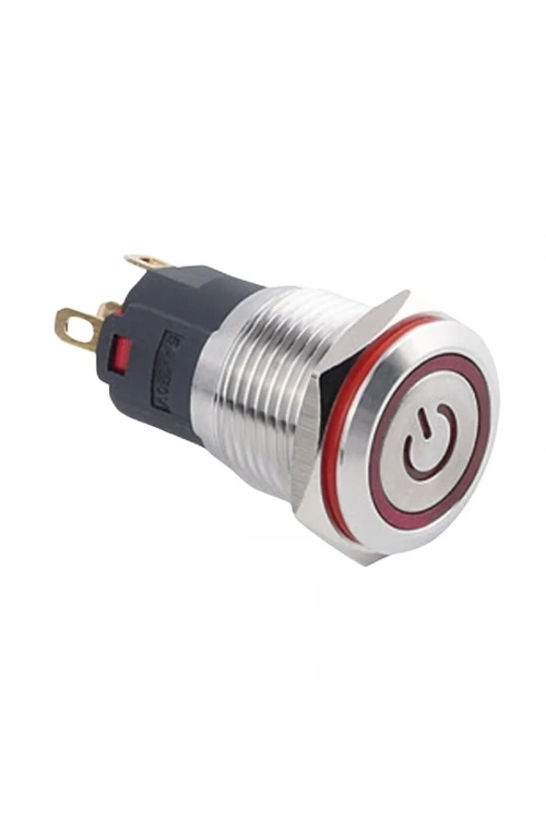WD16A-P1-EC 16mm Düz Yaylı Işıklı Power Metal Buton - Kırmızı
